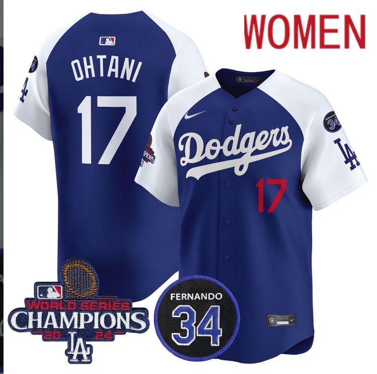 Women MLB Los Angeles Dodgers 17 Ohtani blue 2024 World Series Champions Patch Limited Jersey
